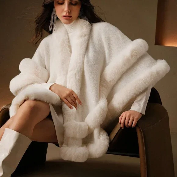 elegant Statement maker Women's faux fur trimmed knit Shawl - Picture 8 of 9